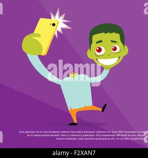 Halloween Selfie Photo Zombie Headless Hold Head in Hand Smart Phone Scary Cartoon Character Smile Stock Vector