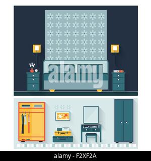 Bedroom with furniture and woman boudoir with table, mirror and Stock Vector