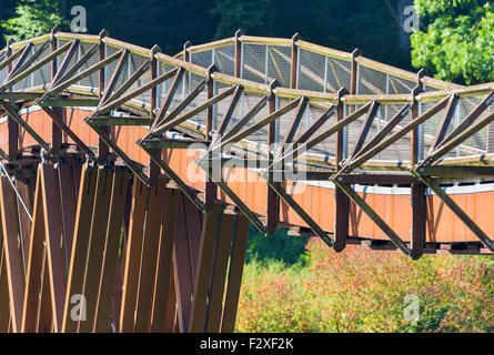 waved wooden bridge in Essing, Altmühltal, Bavaria, 'Oberpfalz' Germany. called Tatzelwurm, Longest wooden bridge in Europe, 193 Stock Photo