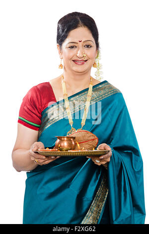 1 indian Marathi Adult woman diwali Aarti Worship Stock Photo