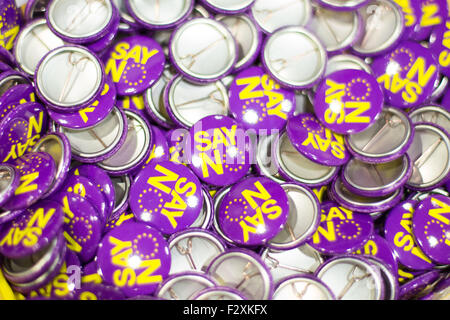 Doncaster, South Yorkshire, UK. 25th September, 2015. Say no badges at the UKIP National Conference in Doncaster South Yorkshire, UK. 25th September 2015. The party's annual conference was the stage for the unveiling of a new campaign force called 'Leave EU'. Consisting of pressure groups and think tanks with thousands of activists between them it will aim to end the UK's ties with Brussels. Credit:  Ian Hinchliffe/Alamy Live News Stock Photo