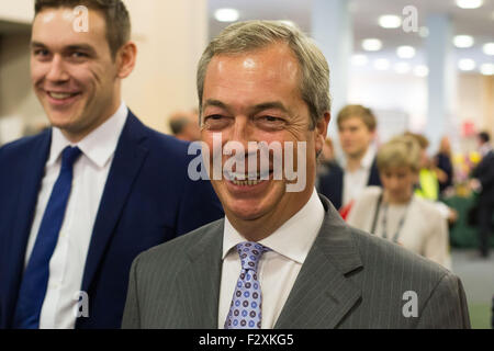 Doncaster, South Yorkshire, UK. 25th September, 2015. Nigel Farage arrives at the UKIP National Conference in Doncaster South Yorkshire, UK. 25th September 2015. UKIP leader Farage today declared that he is to put the EU referendum battle before his party priorities. Credit:  Ian Hinchliffe/Alamy Live News Stock Photo
