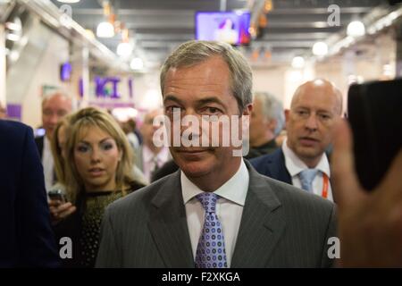 Doncaster, South Yorkshire, UK. 25th September, 2015. Nigel Farage arrives at the UKIP National Conference in Doncaster South Yorkshire, UK. 25th September 2015. UKIP leader Farage today declared that he is to put the EU referendum battle before his party priorities. Credit:  Ian Hinchliffe/Alamy Live News Stock Photo