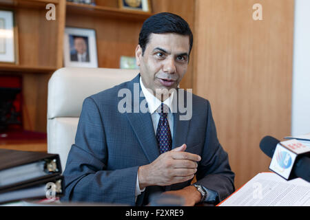 (150925) -- NEW YORK, Sept. 25, 2015 (Xinhua) -- UN Under-Secretary-General Gyan Chandra Acharya speaks during an interview with Xinhua at the United Nations headquarters in New York, the United States, Sept. 24, 2015. China has been taking a leading role in promoting South-South cooperation, said Acharya, who is Nepalese, was also appointed to UN high representative for the least developed countries, landlocked developing countries and small island developing states in 2012. A high-level roundtable on South-South cooperation, co-hosted by China and the United Nations, will be held on Saturday Stock Photo