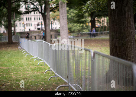 NYPD ramps up security on Tuesday, September 22, 2015 for Pope Francis' visit with the entrances to Central Park secured and a maze of barricades inside the park. While in New York the Holy Father will have a motorcade in Central Park where 80,000 people who received tickets will see him.  (© Richard B. Levine) Stock Photo