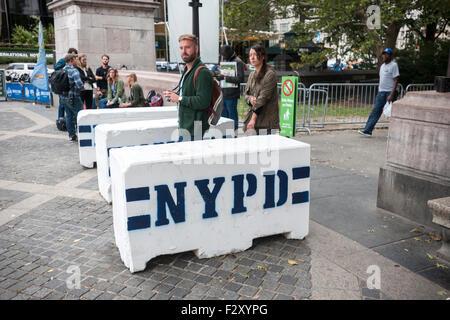 NYPD ramps up security on Tuesday, September 22, 2015 for Pope Francis' visit with the entrances to Central Park secured and a maze of barricades inside the park. While in New York the Holy Father will have a motorcade in Central Park where 80,000 people who received tickets will see him.  (© Richard B. Levine) Stock Photo