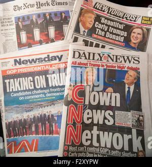 Headlines of New York newspapers on Thursday, September 17, 2015 report on the Republican presidential debate, notably the performance of Donald Trump.  (© Richard B. Levine) Stock Photo