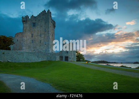 Twilight over Ross Castle along Lough Leane, Killarney National Park, County Kerry, Republic of Ireland Stock Photo