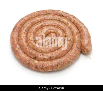 raw cumberland sausage, spiral pork sausage isolated on white background Stock Photo