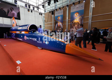 Wide-angle three-quarter, view of the Bloodhound  Supersonic car, at is first public apperance, at Canary Wharf, London. Stock Photo