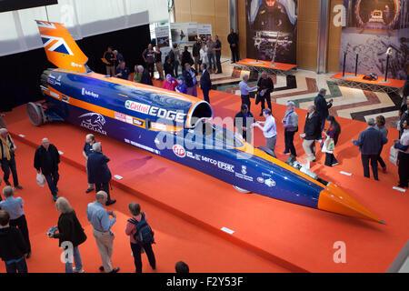 Wide-angle Arial view of the Bloodhound  Supersonic car, at is first public appearance, at Canary Wharf, London. Stock Photo