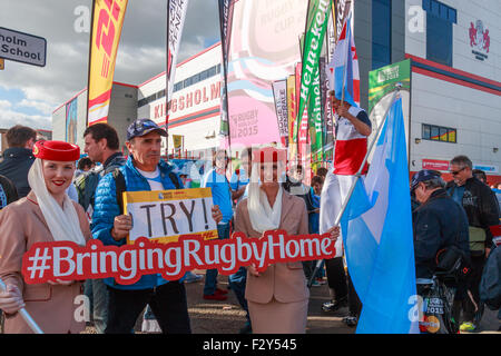 Gloucester, UK. 25th Sep, 2015. Rugby fans enjoying the pre-match atmosphere outside Kingsholm stadium before kick off Credit:  PixBytes/Alamy Live News Stock Photo
