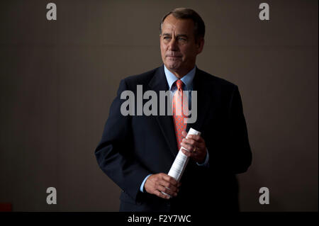 File. 25th Sep, 2015. Republican House Speaker JOHN BOEHNER will step down from his post as the country's number-three elected official and leave Congress effective October 30th. The bombshell announcement came a day after Boehner fulfilled his two-decade dream to one day host the Pope at the Capitol. The Ohio Republican's decision was sure to touch off a divisive leadership fight among House Republicans even as lawmakers hunt for a way to avoid a looming government shutdown. There was no obvious successor. Pictured: May 12, 2011 - Washington, DC, U.S. - Speaker of the House John Boehner Stock Photo