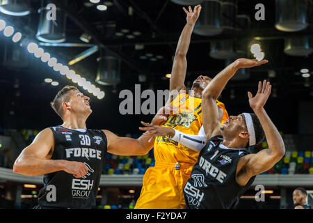 London, UK. 25th Sep, 2015. London, UK.26th September 2015. London Lions' Nick Lewis (m) aims for the basket during the London Lions vs. Leeds Force BBL game at the Copper Box Arena in the Olympic Park. London Lions win 99-60. Credit:  Imageplotter/Alamy Live News
