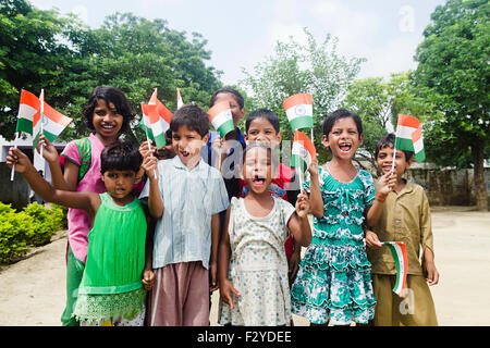 indian Rural  Kids group crowds Flag Independence Day Stock Photo