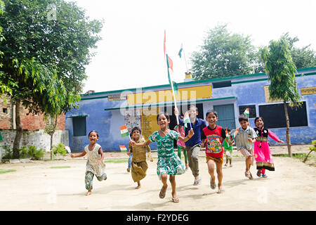 indian Rural  Kids group crowds Flag Independence Day Stock Photo