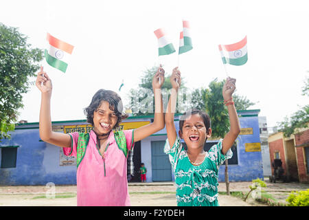 2 indian Rural  Kids girls Flag Independence Day Stock Photo