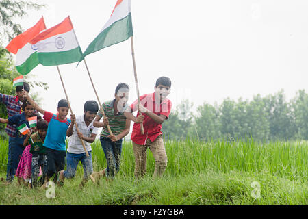 indian rural kids group crowds farm flag Fluttering Independence Day Stock Photo