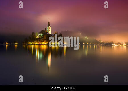 Night at the lake Bled in winter, Slovenia, Europe Stock Photo