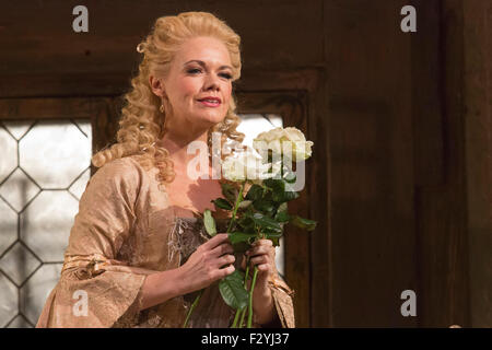 London, UK. 25/09/2015. Kathryn Rudge as Rosina.  Dress rehearsal for the Gioachino Rossini opera The Barber of Seville at the London Coliseum. The English National Opera production is directed by Jonathan Miller with Peter Relton being the Revival Director. 10 performances from 28 September 2015. The performance on 19 October 2015 will be broadcast live to cinemas across the UK and Eire, as well as selected cinemas worldwide. Cast: Eleazar Rodriguez as Count Almaviva, Morgan Pearse as Figaro, Kathryn Rudge as Rosina, Andrew Shore as Doctor Bartolo, Barnaby Rea as Don Basilio and Katherine Bro Stock Photo