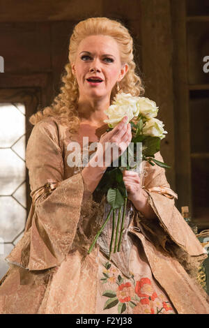 London, UK. 25/09/2015. Kathryn Rudge as Rosina.  Dress rehearsal for the Gioachino Rossini opera The Barber of Seville at the London Coliseum. The English National Opera production is directed by Jonathan Miller with Peter Relton being the Revival Director. 10 performances from 28 September 2015. The performance on 19 October 2015 will be broadcast live to cinemas across the UK and Eire, as well as selected cinemas worldwide. Cast: Eleazar Rodriguez as Count Almaviva, Morgan Pearse as Figaro, Kathryn Rudge as Rosina, Andrew Shore as Doctor Bartolo, Barnaby Rea as Don Basilio and Katherine Bro Stock Photo