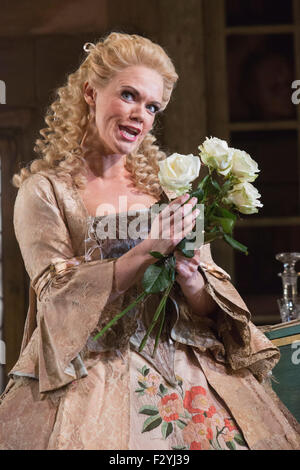 London, UK. 25/09/2015. Kathryn Rudge as Rosina.  Dress rehearsal for the Gioachino Rossini opera The Barber of Seville at the London Coliseum. The English National Opera production is directed by Jonathan Miller with Peter Relton being the Revival Director. 10 performances from 28 September 2015. The performance on 19 October 2015 will be broadcast live to cinemas across the UK and Eire, as well as selected cinemas worldwide. Cast: Eleazar Rodriguez as Count Almaviva, Morgan Pearse as Figaro, Kathryn Rudge as Rosina, Andrew Shore as Doctor Bartolo, Barnaby Rea as Don Basilio and Katherine Bro Stock Photo