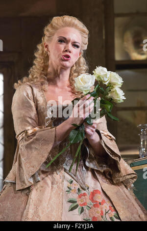 London, UK. 25/09/2015. Kathryn Rudge as Rosina.  Dress rehearsal for the Gioachino Rossini opera The Barber of Seville at the London Coliseum. The English National Opera production is directed by Jonathan Miller with Peter Relton being the Revival Director. 10 performances from 28 September 2015. The performance on 19 October 2015 will be broadcast live to cinemas across the UK and Eire, as well as selected cinemas worldwide. Cast: Eleazar Rodriguez as Count Almaviva, Morgan Pearse as Figaro, Kathryn Rudge as Rosina, Andrew Shore as Doctor Bartolo, Barnaby Rea as Don Basilio and Katherine Bro Stock Photo