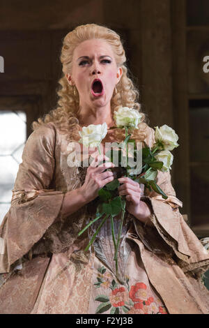 London, UK. 25/09/2015. Kathryn Rudge as Rosina.  Dress rehearsal for the Gioachino Rossini opera The Barber of Seville at the London Coliseum. The English National Opera production is directed by Jonathan Miller with Peter Relton being the Revival Director. 10 performances from 28 September 2015. The performance on 19 October 2015 will be broadcast live to cinemas across the UK and Eire, as well as selected cinemas worldwide. Cast: Eleazar Rodriguez as Count Almaviva, Morgan Pearse as Figaro, Kathryn Rudge as Rosina, Andrew Shore as Doctor Bartolo, Barnaby Rea as Don Basilio and Katherine Bro Stock Photo