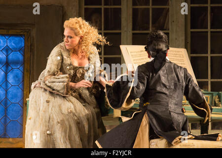 London, UK. 25/09/2015. Kathryn Rudge as Rosina with Eleazar Rodriguez as Count Almaviva. Dress rehearsal for the Gioachino Rossini opera The Barber of Seville at the London Coliseum. The English National Opera production is directed by Jonathan Miller with Peter Relton being the Revival Director. 10 performances from 28 September 2015. The performance on 19 October 2015 will be broadcast live to cinemas across the UK and Eire, as well as selected cinemas worldwide. Cast: Eleazar Rodriguez as Count Almaviva, Morgan Pearse as Figaro, Kathryn Rudge as Rosina, Andrew Shore as Doctor Bartolo, Barn Stock Photo