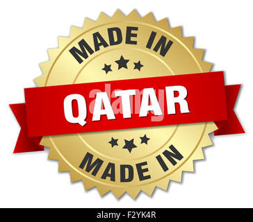 made in Qatar gold badge with red ribbon Stock Photo