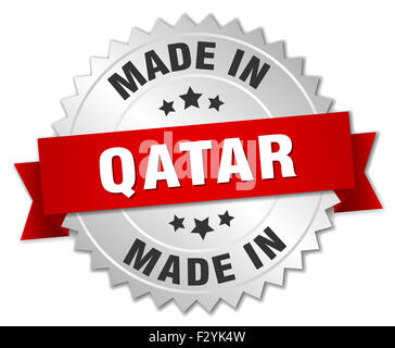 made in Qatar silver badge with red ribbon Stock Photo