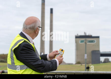 Cockenzie, Scotland, UK. 26th Sep, 2015.  Cockenzie Power Station Demolition Caption Info: The ‘button press' on the day of the event, which will initiate the demolition of both chimneys, will be carried out by East Lothian resident Donald McCulloch, the winner of a charity raffle that was organised by Longniddry & District Rotary Club. The sales of the tickets have raised over £7,800, with proceeds being distributed evenly between several different charities. Credit:  Rob Gray/Alamy Live News Stock Photo