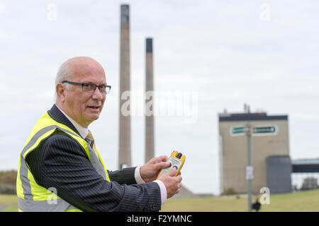 Cockenzie, Scotland, UK. 26th Sep, 2015.  Cockenzie Power Station Demolition Caption Info: The ‘button press' on the day of the event, which will initiate the demolition of both chimneys, will be carried out by East Lothian resident Donald McCulloch, the winner of a charity raffle that was organised by Longniddry & District Rotary Club. The sales of the tickets have raised over £7,800, with proceeds being distributed evenly between several different charities. Credit:  Rob Gray/Alamy Live News Stock Photo