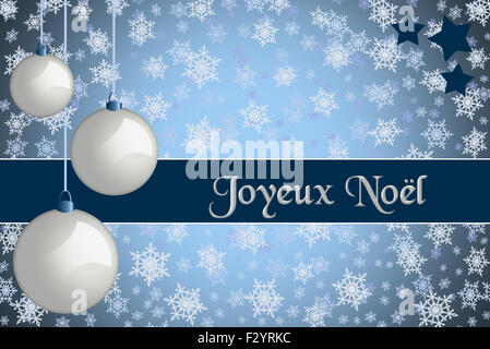 Christmas greeting card. 'Joyeux Noël' Blue colored Christmas card with retro white baubles and snowflake background. Stock Photo