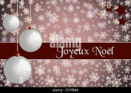 Christmas greeting card. 'Joyeux Noël' Red colored Christmas card with retro white baubles and snowflake background. Stock Photo