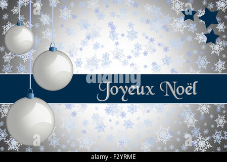 Christmas greeting card. 'Joyeux Noël' Silver colored Christmas card with retro white baubles and snowflake background. Stock Photo