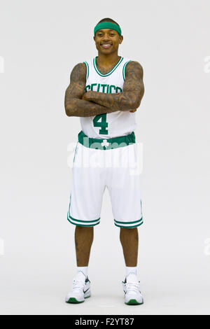 September 25, 2015; Waltham, MA, USA; Boston Celtics guard Isaiah Thomas (4) pose for pictures during media day at the Celtics training facility. Anthony Nesmith/Cal Sport Media Stock Photo