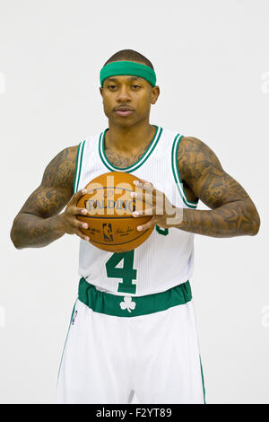 September 25, 2015; Waltham, MA, USA; Boston Celtics guard Isaiah Thomas (4) pose for pictures during media day at the Celtics training facility. Anthony Nesmith/Cal Sport Media Stock Photo