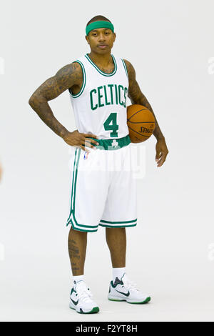 September 25, 2015; Waltham, MA, USA; Boston Celtics guard Isaiah Thomas (4) pose for pictures during media day at the Celtics training facility. Anthony Nesmith/Cal Sport Media Stock Photo