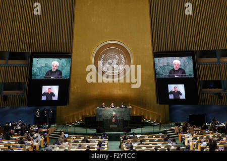 New York, USA. 26th Sep, 2015. Iran's President Hassan Rouhani speaks at the Sustainable Development Summit at United Nations headquarters in New York, the United States, Sept. 26, 2015. Credit:  Li Muzi/Xinhua/Alamy Live News Stock Photo