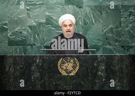 New York, USA. 26th Sep, 2015. Iran's President Hassan Rouhani speaks at the Sustainable Development Summit at United Nations headquarters in New York, the United States, Sept. 26, 2015. Credit:  Li Muzi/Xinhua/Alamy Live News Stock Photo