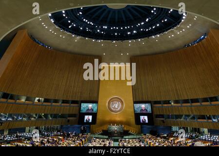 New York, USA. 26th Sep, 2015. Iran's President Hassan Rouhani speaks at the Sustainable Development Summit at United Nations headquarters in New York, the United States, Sept. 26, 2015. Credit:  Li Muzi/Xinhua/Alamy Live News Stock Photo