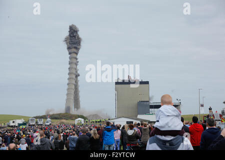 Cockenzie, Scotland, UK. 26th Sep, 2015. Cockenzie Power Station, East Lothian, Scotland, UK. The two Chimney's standing 149m tall being demolished at 12 noon on 26 September 2015 Credit:  L Hamilton/Alamy Live News Stock Photo