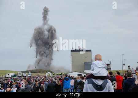 Cockenzie, Scotland, UK. 26th Sep, 2015. Cockenzie Power Station, East Lothian, Scotland, UK. The two Chimney's standing 149m tall being demolished at 12 noon on 26 September 2015 Credit:  L Hamilton/Alamy Live News Stock Photo