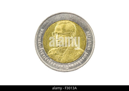 Thailand Ten Baht Coin 2007 80th Birthday King Rama9 on White Background Stock Photo