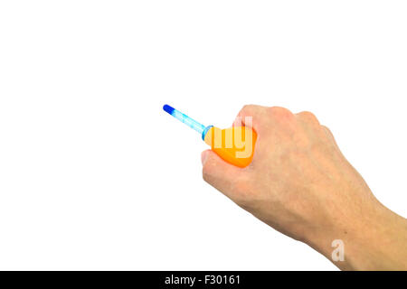 Hand with air blower on white background Stock Photo