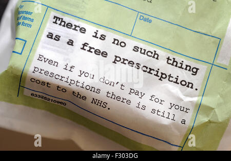 MESSAGE ON UK NHS PRESCRIPTION PACKET RE COSTS FREE DRUGS PILLS DOCTORS GP SURGERY ILLNESS ELDERLY NATIONAL HEALTH SERVICE UK Stock Photo