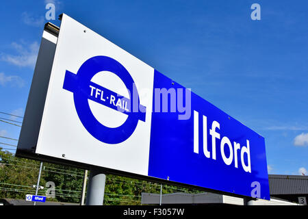 New 2015 London suburban station blue signage by TFL prior to changes to the Elizabeth Line when crossrail begins operating & stopping at Ilford UK Stock Photo