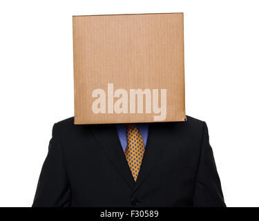Businessman with a Box on His Head, cut out. Stock Photo