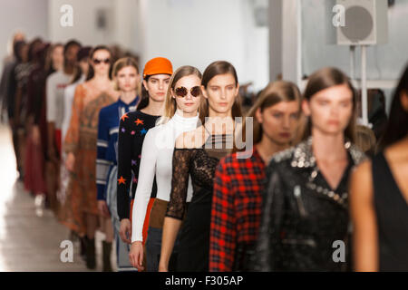 London, UK, 26th September 2015. The show finale at the 'Trends' catwalk at London Fashion Weekend 2015. The show reveals key AW15 trends, with designers including Carven, Marc by Marc Jacobs, J Brand, 'T' by Alexander Wang, Iro, Kenzo, Joseph, McQ Alexander McQueen and See by Chloé, as well as high street brands. LFW is this year held at Chelsea's Saatchi Gallery